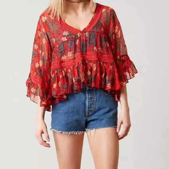 Free people sheer adorable red flowy top NWT - Picture 5 of 5